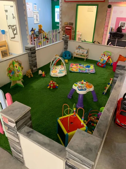 The enclosed Baby Area with toys and soft green flooring